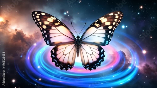 Colorful Butterfly in a Cosmic Background with Stars and Nebulae