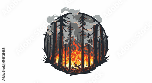Stylized depiction of a forest fire with flames and smoke