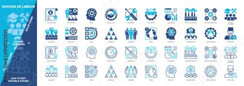 Division of Labour icon set. Occupation, Tasks, Equipment, Natural Resources, Capability, Workers, Industry, Skills. Duotone color solid icons