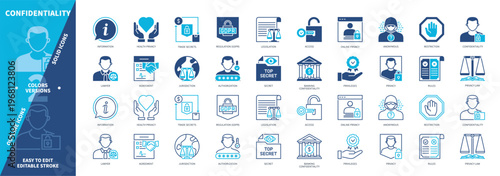Confidentiality icon set. Legislation, Lawyer, Access, Privacy Law, Agreement, Restriction, Information, Secret. Duotone color solid and editable outline icons