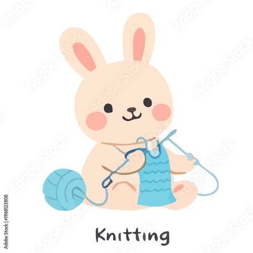 A cute Easter bunny character enjoying its knitting hobby with colorful wool balls. Professional flat design illustration for seasonal crafts and holiday projects. EPS vector format.