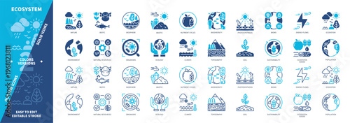 Ecosystem icon set. Organisms, Biosphere, Soil, Ecosystem Goods, Nutrient Cycles, Abiotic, Photosynthesis, Nature. Duotone color solid and editable outline icons