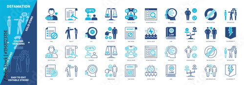 Defamation icon set. Human Rights, Slander, Fake, Insult, Social Issue, Deepfake, Falsification, Reputation. Duotone color solid and editable outline icons