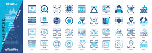 Firewall icon set. Filtering, Barrier, Computing, Security Rules, Control, Cyber Security, Host, Layers. Duotone color solid and editable outline icons
