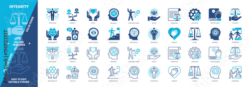Integrity icon set. Morality, Virtue, Confidence, Consciousness, Honesty, Ethics, Responsibility, Cognition. Duotone color solid and editable outline icons