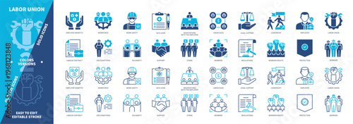 Labor Union icon set. Union Dues, Solidarity, Negotiations, Protection, Members, Strike, Workforce, Employer. Duotone color solid and editable outline icons
