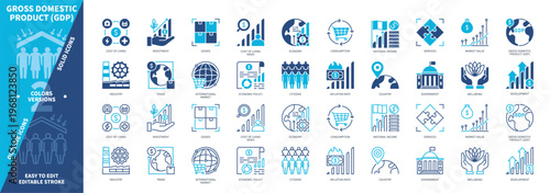 Gross Domestic Product GDP icon set. Economy, Goods, Trade, Wellbeing, Investment, Development, Inflation Rate, Country. Duotone color solid and editable outline icons