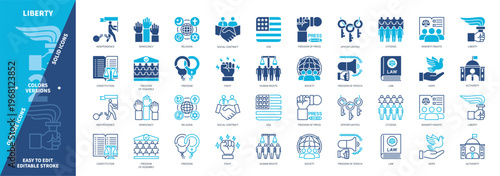 Liberty icon set. Independence, Citizens, Freedom, Opportunities, USA, Hope, Religion, Fight. Duotone color solid and editable outline icons