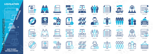 Legislation icon set. Government, Regulation, Voting, Judiciary, Governance, Democracy, Session, Procedures. Duotone color solid and editable outline icons