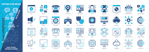 Interactive Media icon set. Animation, Virtual, Users, New Media, Augmented Reality, Games, Entertainment, Devices. Duotone color solid and editable outline icons