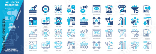 Influencer Marketing icon set. Brand, Advocacy, Promotion, Trend, Product Launch, Feedback, Conversion Rate, Native Advertising. Duotone color solid and editable outline icons