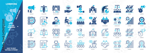 Lobbying icon set. Legislators, Bureaucracy, Influence, Political Party, Voters, Authority, Kickback, Tax Evasion. Duotone color solid and editable outline icons