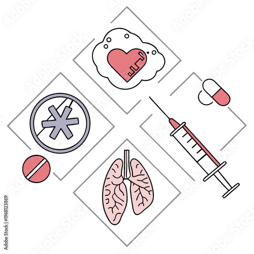 Medical rhombus pattern with heart, lungs, pills, and syringe. modern healthcare and science vector illustration.