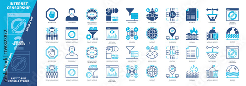 Internet Censorship icon set. Blacklist, Suppression, Restriction, Website Blocking, Barrier, Control, National Security, VPN. Duotone color solid and editable outline icons