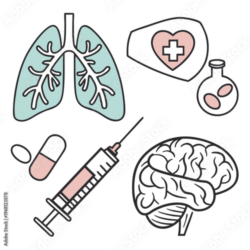 Set of healthcare and medical icons including lungs brain syringe pills and heart symbol for science and medicine related designs.
