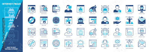 Internet Fraud icon set. Ad-Fraud, Data Stealing, Scam, Darknet, Victim, Confidentiality, Social Engineering, Phishing. Duotone color solid and editable outline icons