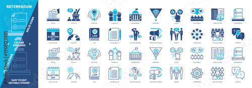 Referendum icon set. Debate, Independence, Electorate, Choice, Government, Civil Rights, Vote, Viewpoint. Duotone color solid and editable outline icons