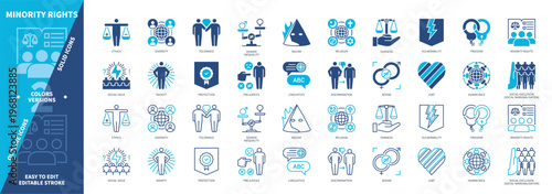 Minority Rights icon set. Prejudices, Ethics, Rights, Discrimination, Diversity, Racism, Tolerance, Social Issue. Duotone color solid and editable outline icons