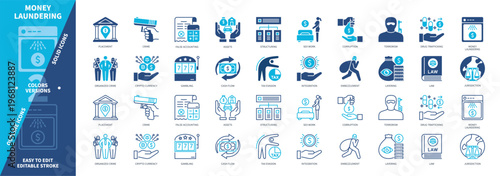 Money Laundering icon set. Crypto Currencies, Gambling, Cash Flow, False Accounting, Structuring, Layering, Integration, Placement. Duotone color solid and editable outline icons