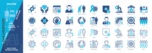 Vaccine icon set. Cancer, Public Health, Veterinary, Epidemic, Immunity, Bacteria, Toxin, Vaccine Clinical Trials. Duotone color solid and editable outline icons
