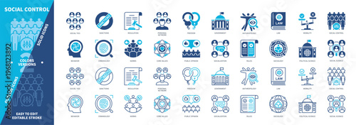Social Control icon set. Sanctions, Norms, Sociology, Social Order, Morality, Core Values, Regulation, Law. Duotone color solid and editable outline icons