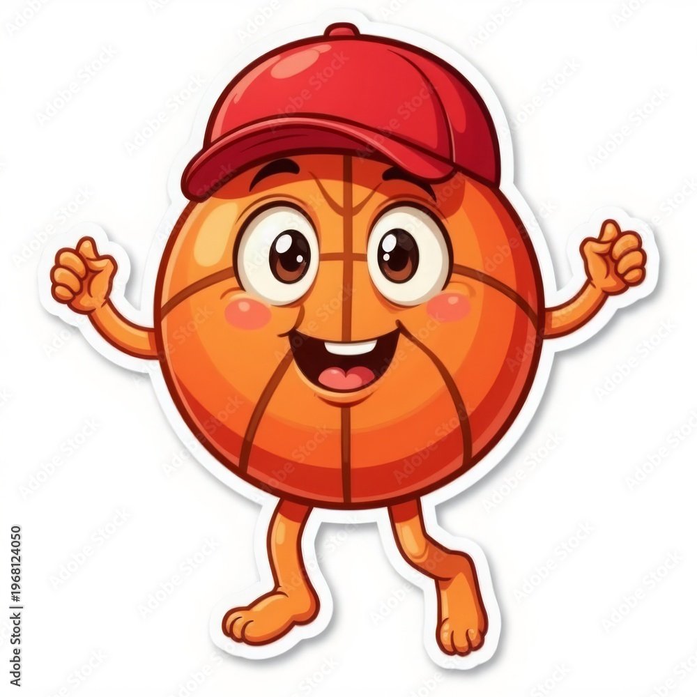 Naklejka premium Basketball, in a red baseball cap with arms and legs. Cartoon style. For sports, logos, stickers, sports schools, and advertising. Easily editable. AI, EPS.