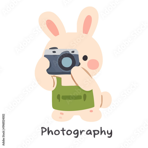 A creative illustration of an adorable Easter bunny pursuing its photography hobby, featuring a modern flat design style perfect for holiday greetings and web graphics.
