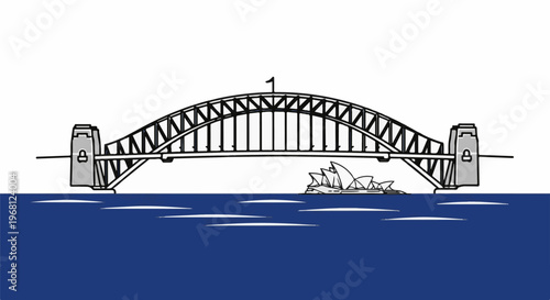 Stylized depiction of a large arched bridge spanning a blue body of water near an opera house