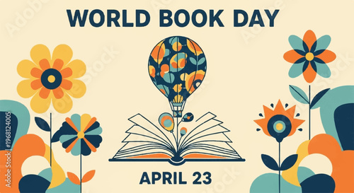 Vibrant world book day illustration with hot air balloon over open book and colorful flowers on orange background