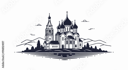 Stylized depiction of a large cathedral with domed roofs and a bell tower