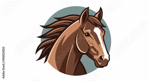 Stylized brown horse head with flowing mane against a teal circle