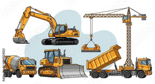 Construction vehicles and heavy machinery collection illustration.