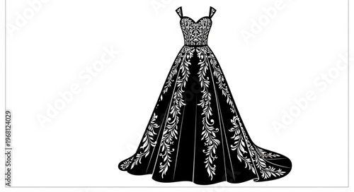 Elegant black and white lace ball gown with train.