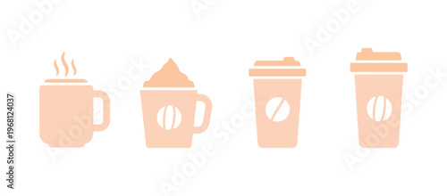 Monochrome set of steaming cup icons for hot drinks.