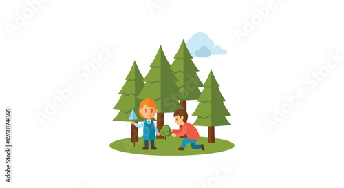 Children engaged in a cheerful tree planting activity in a lush forest setting promoting environmental conservation and nature education for a