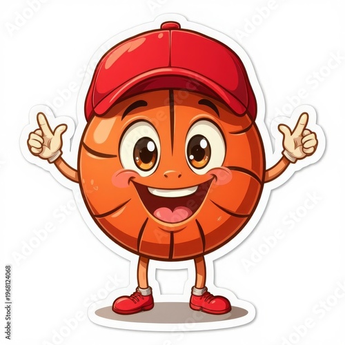 Basketball, in a red baseball cap with arms and legs. Cartoon style. For sports, logos, stickers, sports schools, and advertising. Easily editable. AI, EPS.