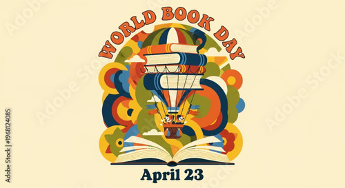 Vibrant world book day celebration with hot air balloon and open book on light background