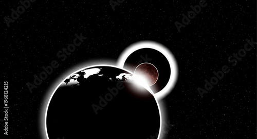 Celestial bodies in space during solar eclipse event.