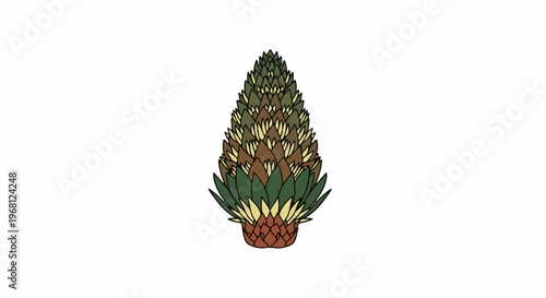 Stylized depiction of a pinecone-like botanical specimen with layered leaves