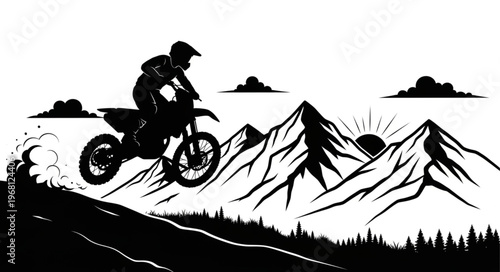 Motocross Rider Jumps Over Mountain Landscape Silhouette.