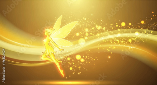 Golden whisk flying through sparkling particles and light beams in a dark background with a sense of magic and wonder