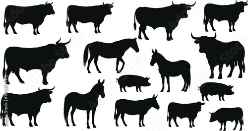 Black silhouettes of farm animals including cows, horses, pigs, and donkeys isolated on white background for agriculture design