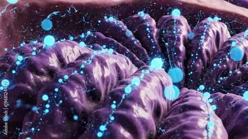 Glowing blue particles within abstract purple biological cell structure