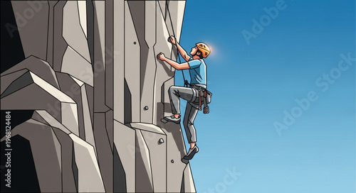 Person climbing artificial rock wall against blue sky.