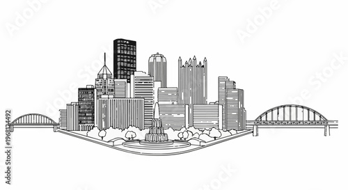 Stylized black and white line art cityscape with bridges and a fountain