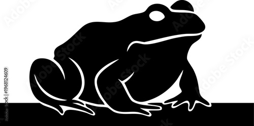 Stylized black silhouette of a frog with white eyes and accents on dark surface.