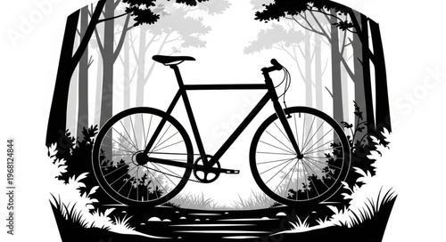 Silhouette of a bicycle in a forest setting.