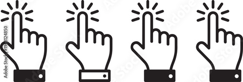 Four stages of hand pressing button with increasing feedback effect isolated on transparent background