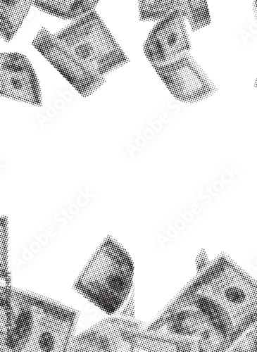 Grayscale money bills falling down against a pristine white background.