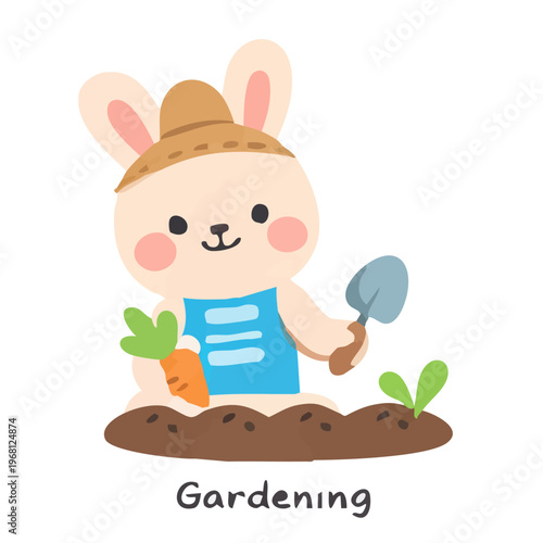 A charming Easter bunny planting flowers and tending a garden in a modern flat design style. Ideal for spring greetings and seasonal holiday decorations